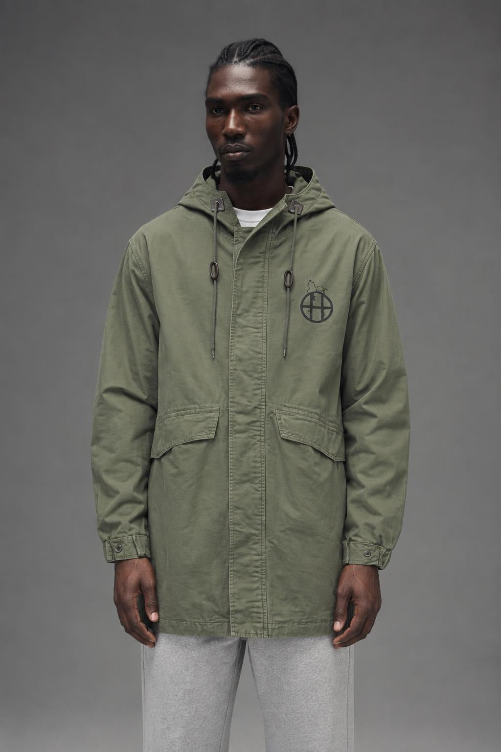 AI model photo - HUF UF Spike Scrawl Parka Olive JK64010