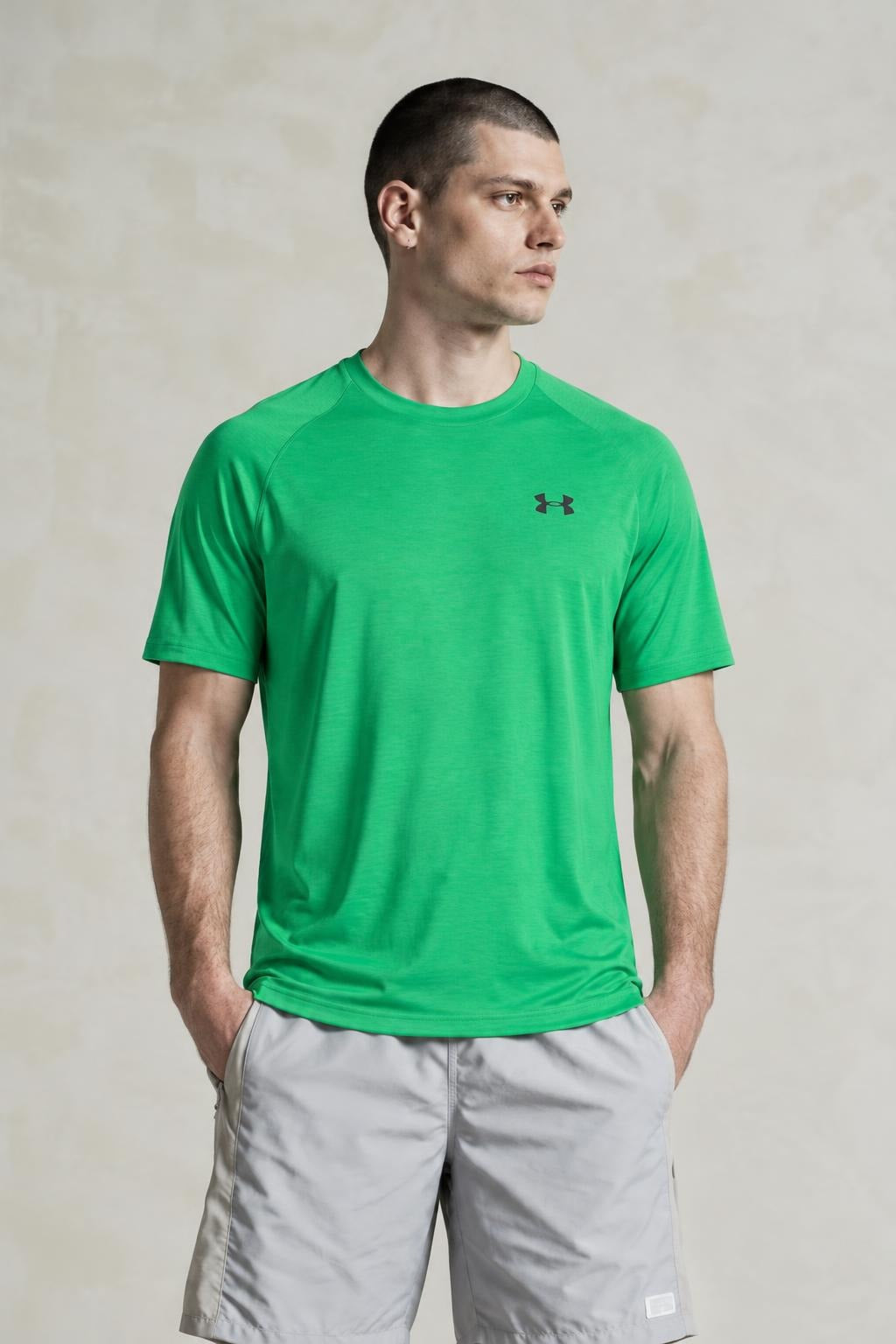 AI model photo - Under Armour Mens Tech Short Sleeve T-Shirt Vapor Green/Stealth Gray 1228539-299