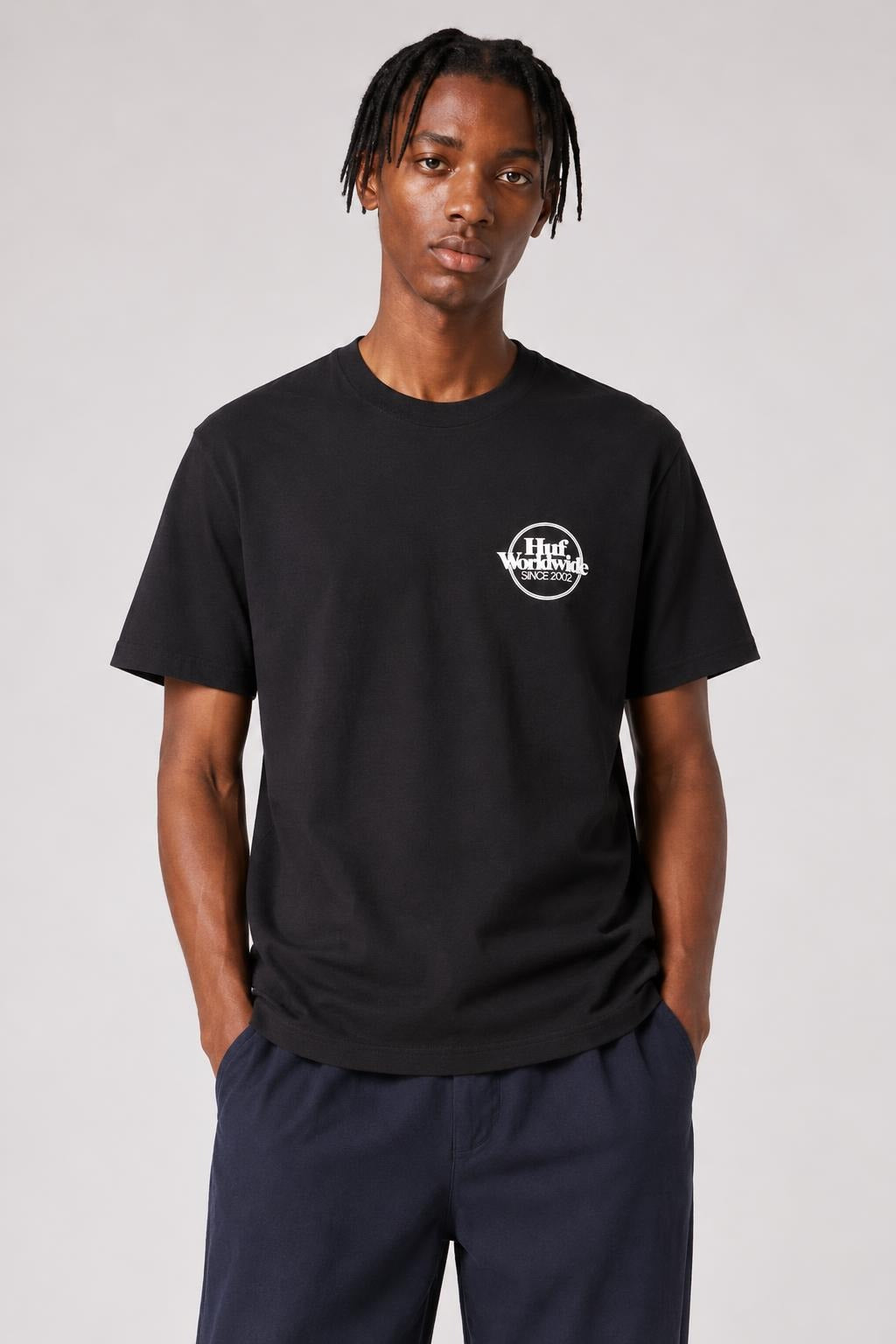 AI model photo - HUF Issues Logo Puff Short Sleeve Tee Black TS01161
