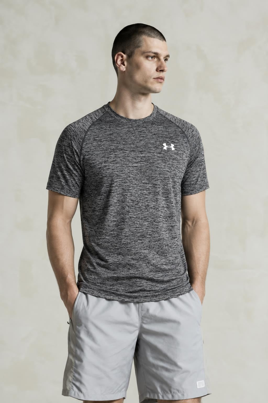 AI model photo - Under Armour Mens Tech Short Sleeve T-Shirt Black/White 1228539-009
