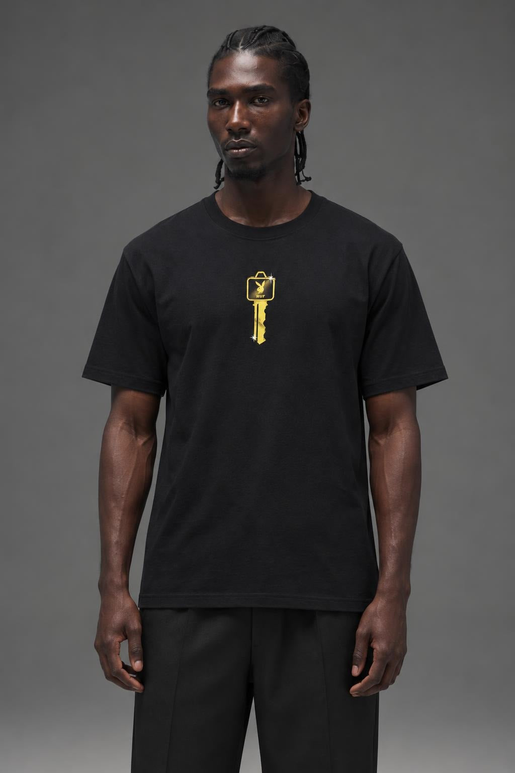 AI model photo - HUF X Playboy Club Key Short Sleeve Tee Black TS01464