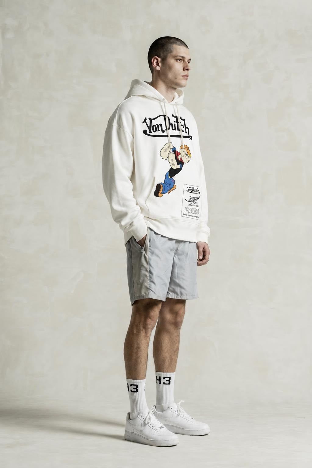 AI model photo - Von Dutch Mens Popeye Logo Cotton Fleece Hoodie Off White FM152V