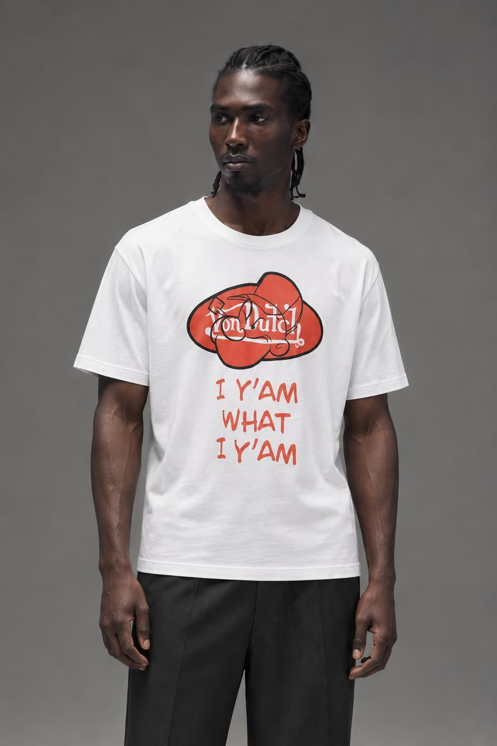 AI model photo - Von Dutch Mens Popeye Red Oval Cotton Fleece T Shirts Off White FM149V