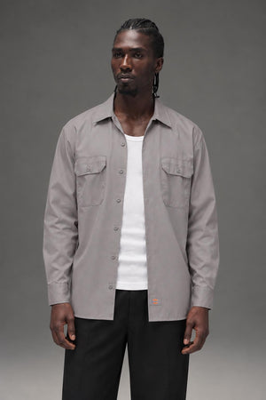 AI model photo - Dickies Men's Long Sleeve Work Shirt Silver 574SV