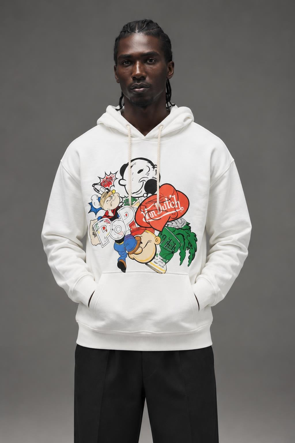 AI model photo - Von Dutch Mens Popeye Character Cotton Fleece Hoodie Off White FM167V