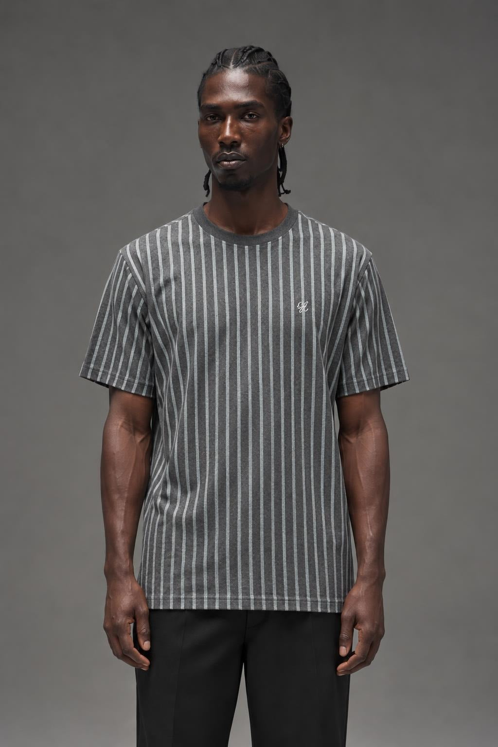 AI model photo - HUF Overdyed Vert Stripe T-Shirt Harbor Grey KN00186
