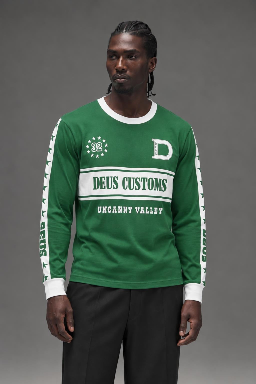 AI model photo - Deus EX Machina Men's Round Up Long Sleeve Tee Hillside Green DMF241547 HLG