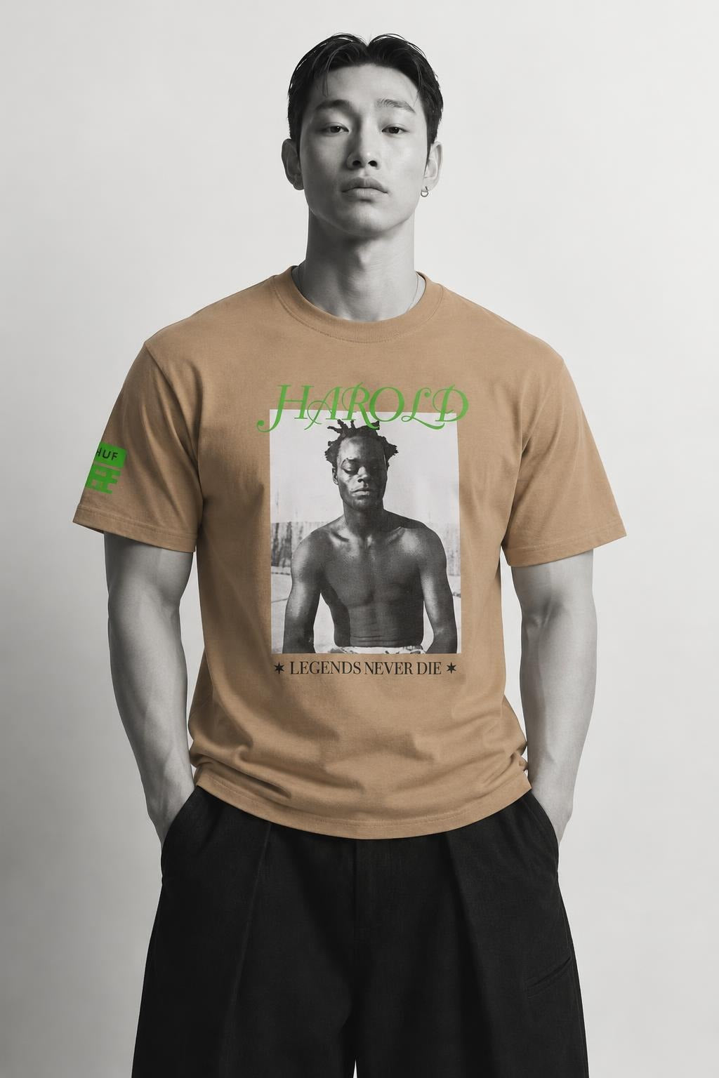 AI model photo - HUF Harold Legend S/S Tee Sand TS01373