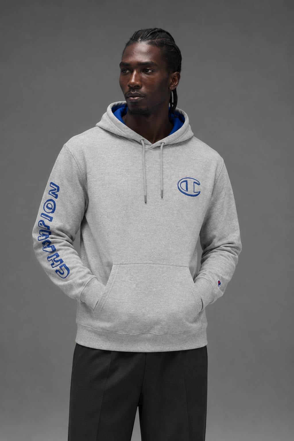 AI model photo - Champion Powerblend Fleece Graphic Hoodie Oxford Grey/Valiant Blue GF89H 586MLA AW4M