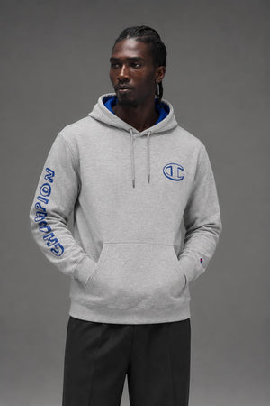 AI model photo - Champion Powerblend Fleece Graphic Hoodie Oxford Grey/Valiant Blue GF89H 586MLA AW4M