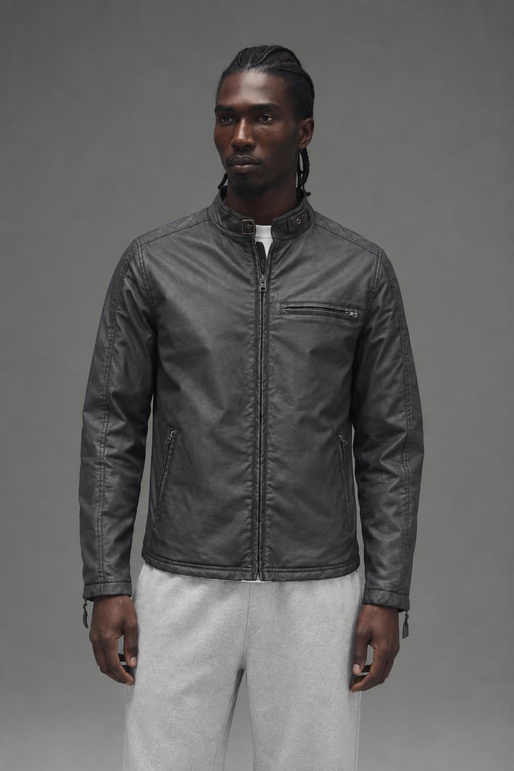 AI model photo - Schott NYC Cafe Racer Waxed Motorcycle Jacket Black Cotton 91414