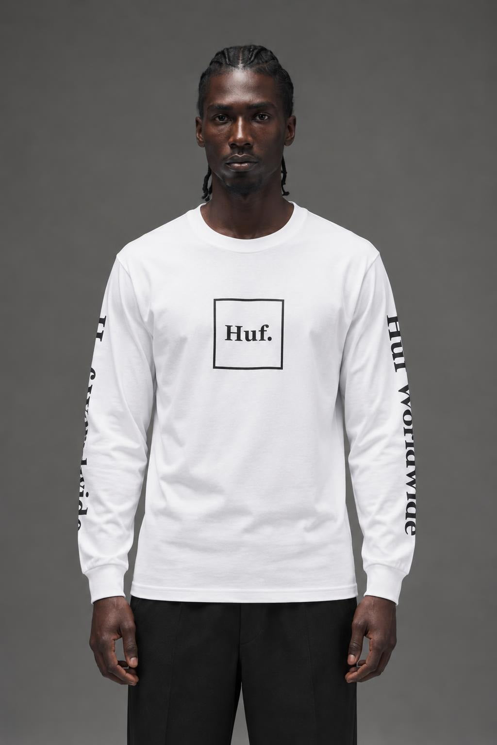 AI model photo - HUF Essentials Domestic L/S Tee White TS00146
