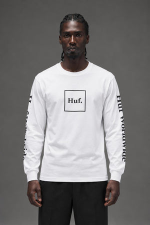 AI model photo - HUF Essentials Domestic L/S Tee White TS00146