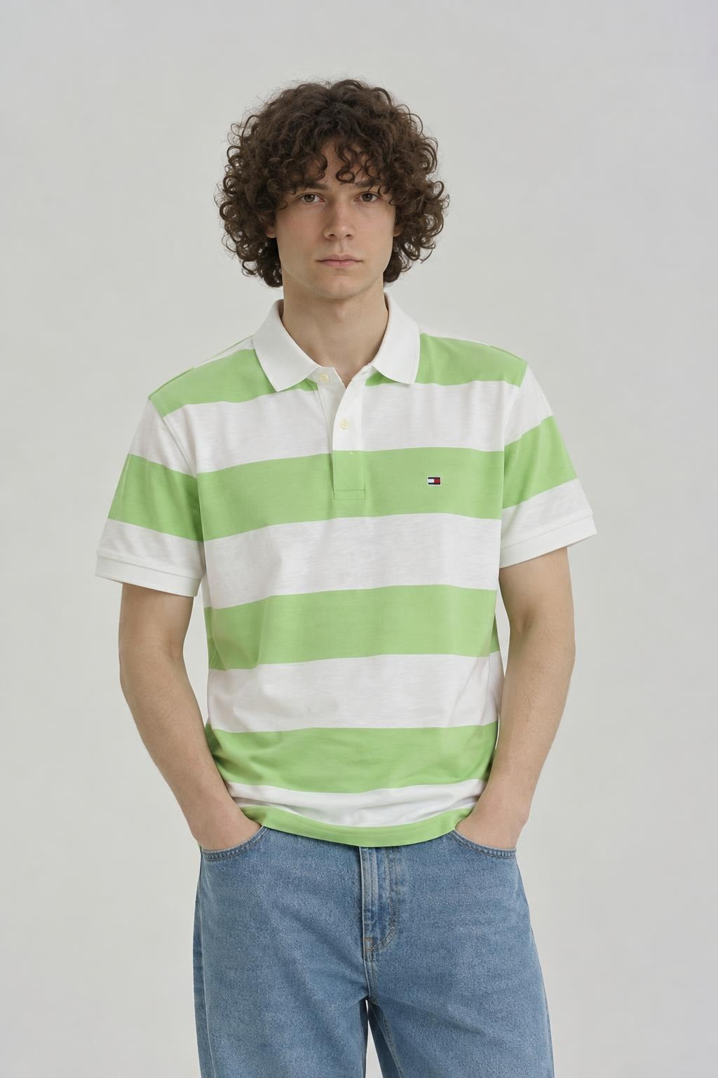 AI model photo - Tommy Hilfiger Men's Rugby Stripe Regular Polo Custom Fit T-Shirt Deep Sea Lime 78J5019 342