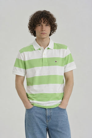 AI model photo - Tommy Hilfiger Men's Rugby Stripe Regular Polo Custom Fit T-Shirt Deep Sea Lime 78J5019 342