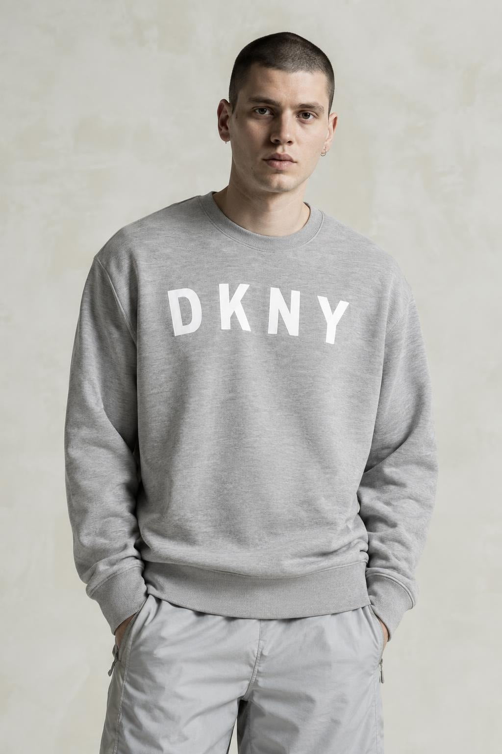 AI model photo - DKNY Men's Matte Logo Pullover Sweatshirt Heather Grey M1960031 K1