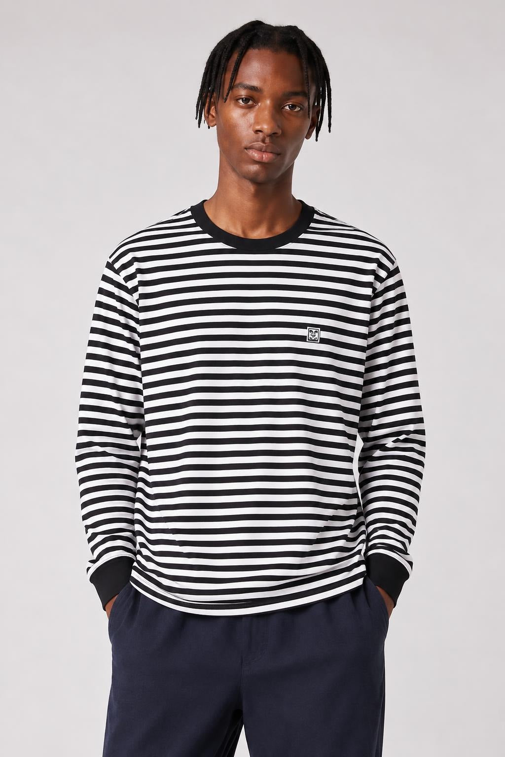 AI model photo - OBEY 89 Icon Stripe Box Tee III Long Sleeve Black Multi 131030097