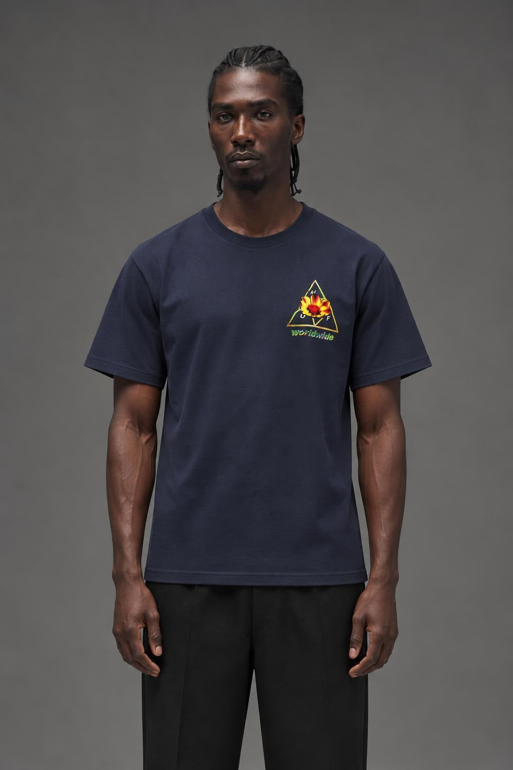 AI model photo - HUF Come Down Triple Triangle T-Shirt French Navy TS01171