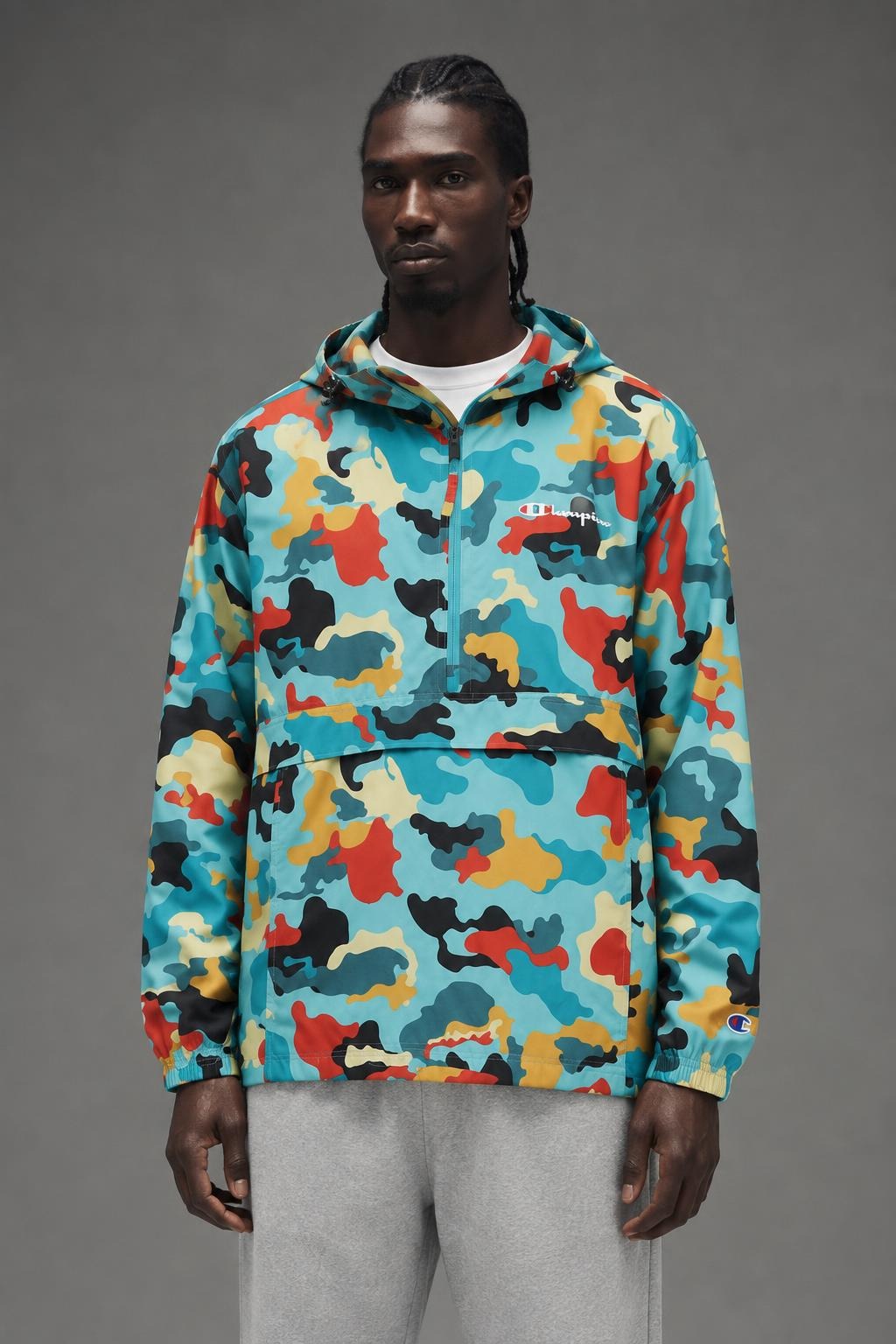AI model photo - Champion Unisex Stadium Packable Jacket Abstract Camo Teal V1012P 549369 AM2J
