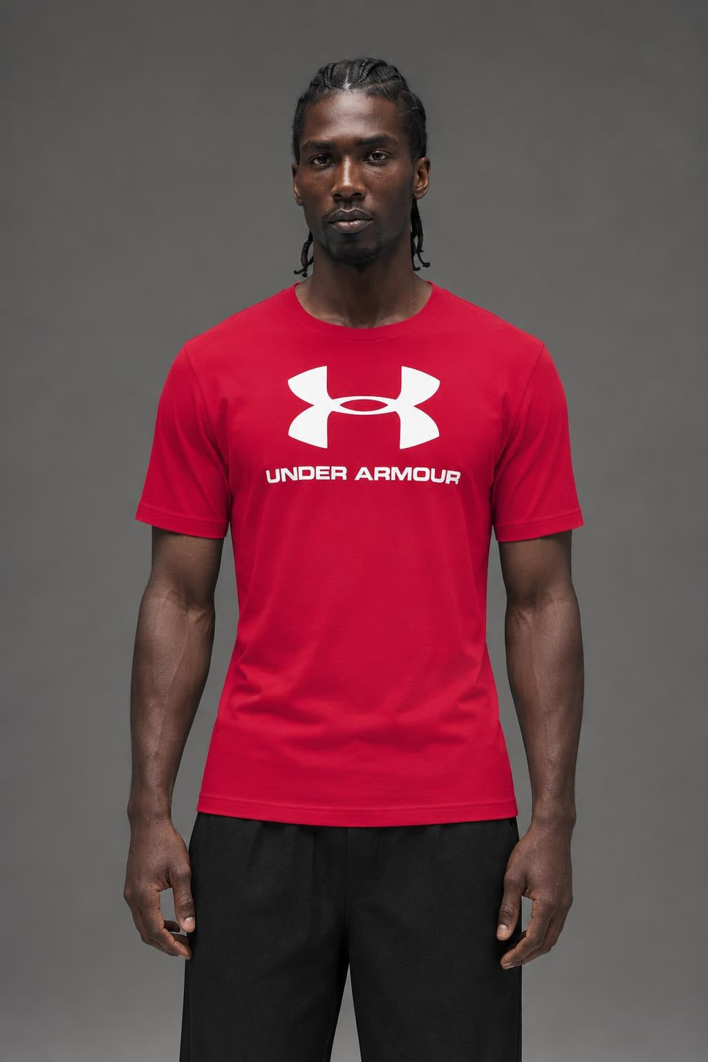 AI model photo - Under Armour Mens Sportstyle Logo T-Shirt Red/Steel/White 1257615-600
