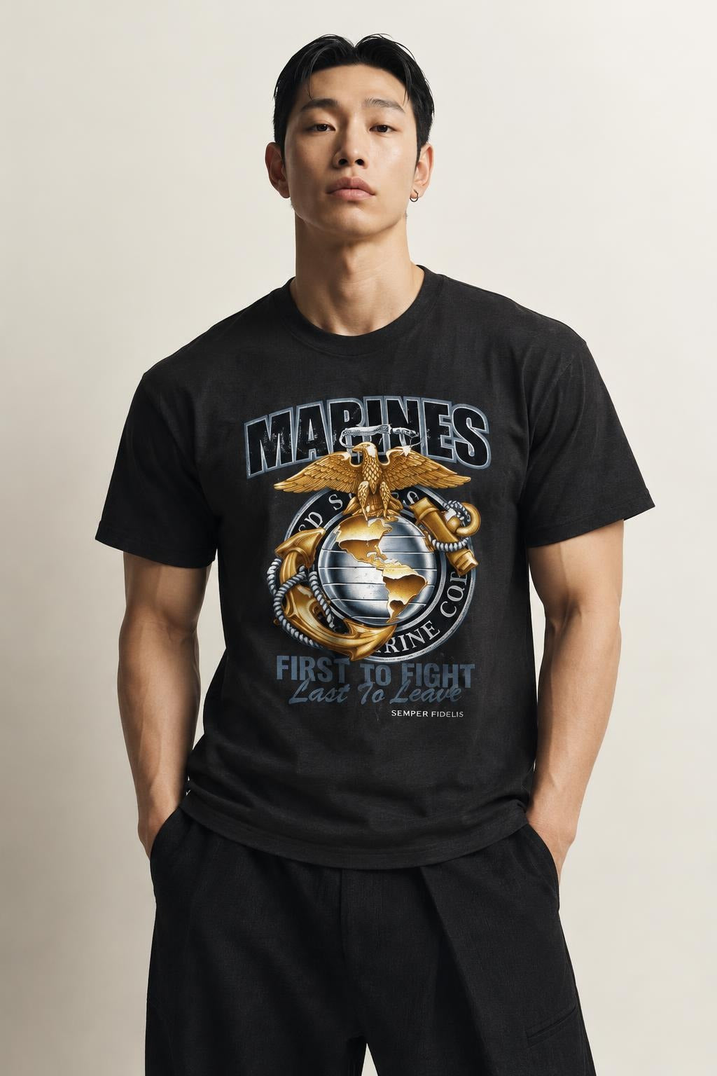 AI model photo - Rothco Black Ink Marines First To Fight T-Shirt Black 80280 80281