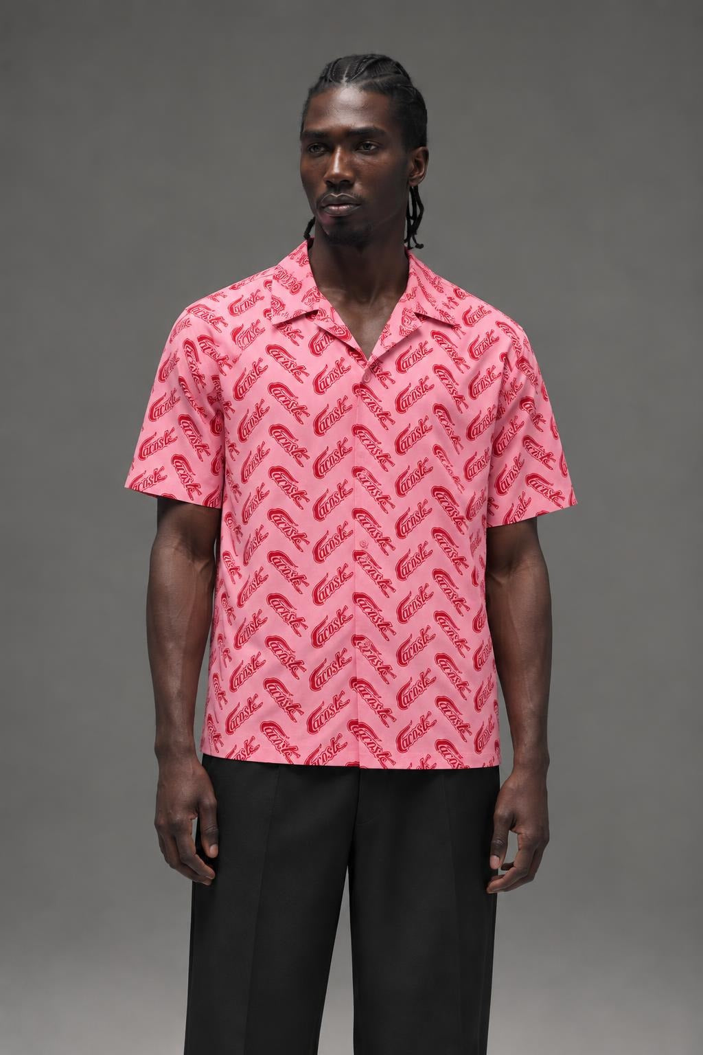 AI model photo - Lacoste Men's Short Sleeve Vintage Print Shirt Lighthouse Red/Reseda CH5793 AY1