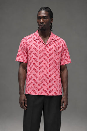 AI model photo - Lacoste Men's Short Sleeve Vintage Print Shirt Lighthouse Red/Reseda CH5793 AY1