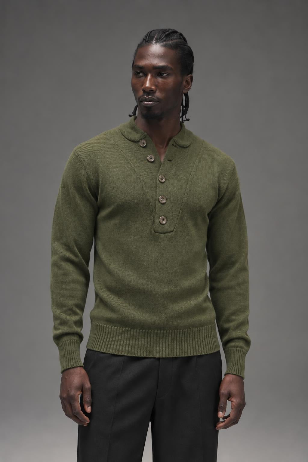 AI model photo - Rothco G.I. Style 5-Button Acrylic Sweater Olive Drab 6368 6369