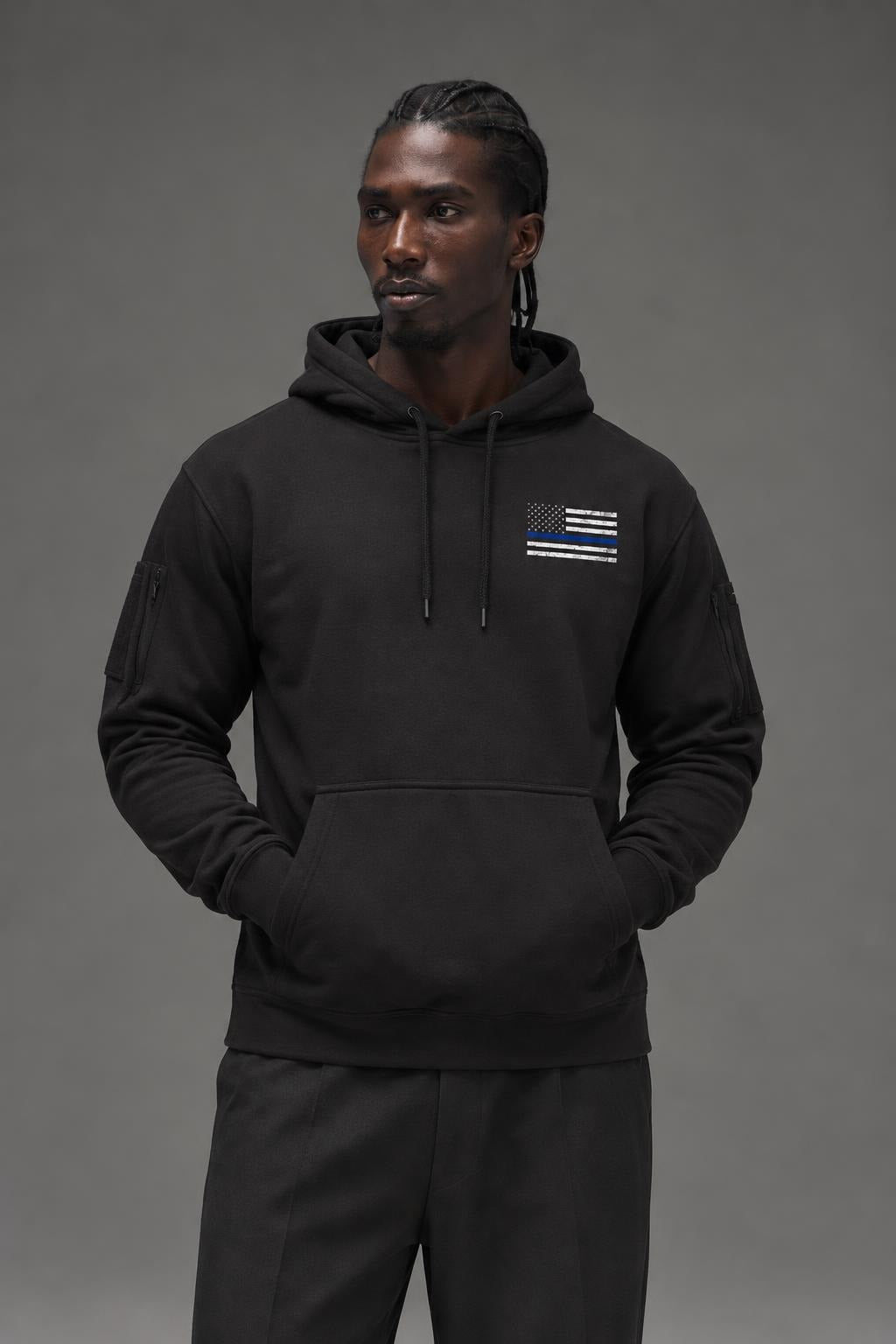AI model photo - Rothco Men's Thin Blue Line Concealed Carry Hoodie Black 52071