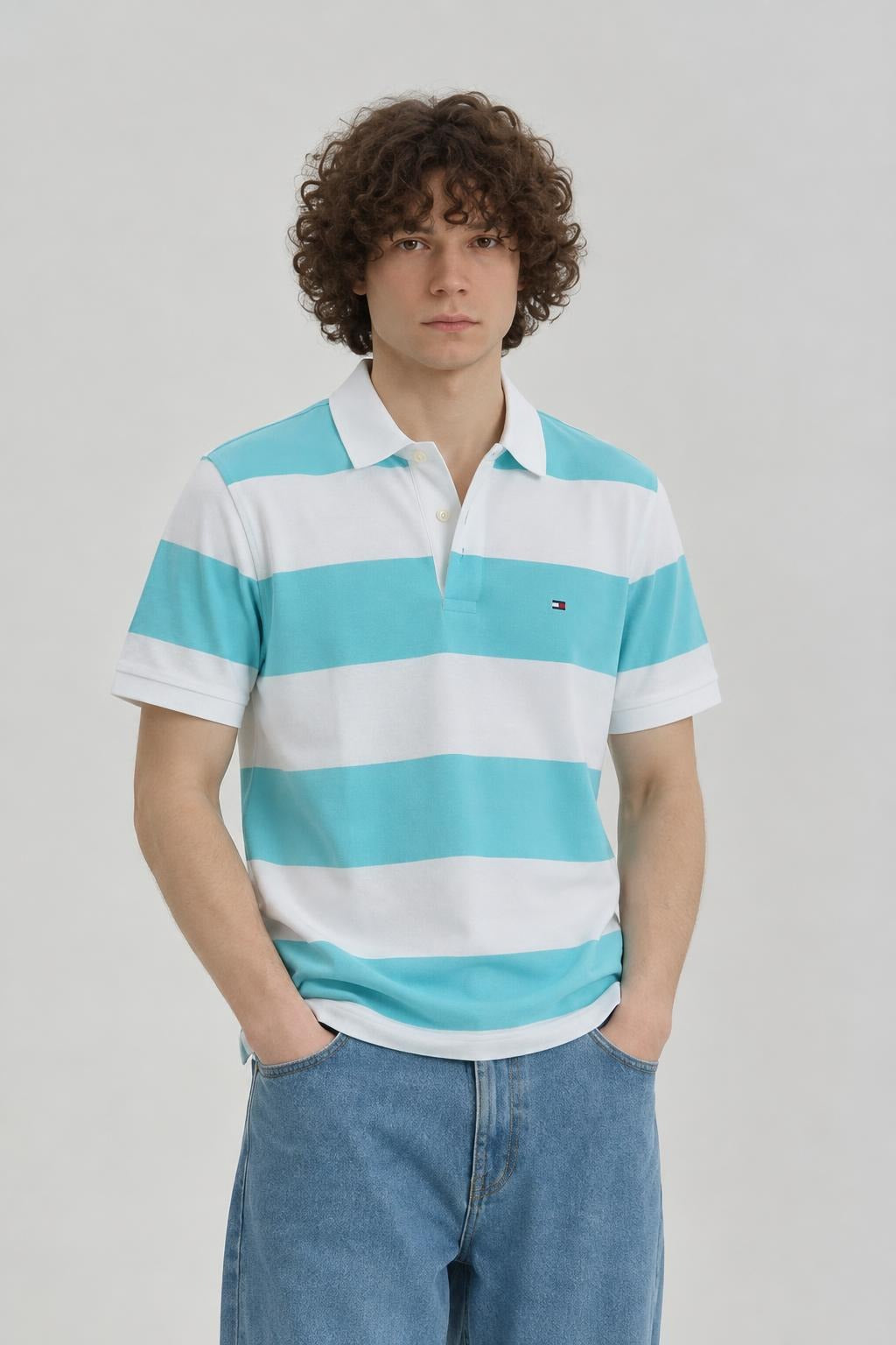 AI model photo - Tommy Hilfiger Men's Rugby Stripe Regular Polo Custom Fit T-Shirt Caribbean Blue 78J5019 331