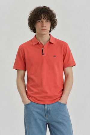 AI model photo - Tommy Hilfiger Men's Justin Short Sleeve Polo Custom Fit T-Shirt Orange Zing 78J4142 661