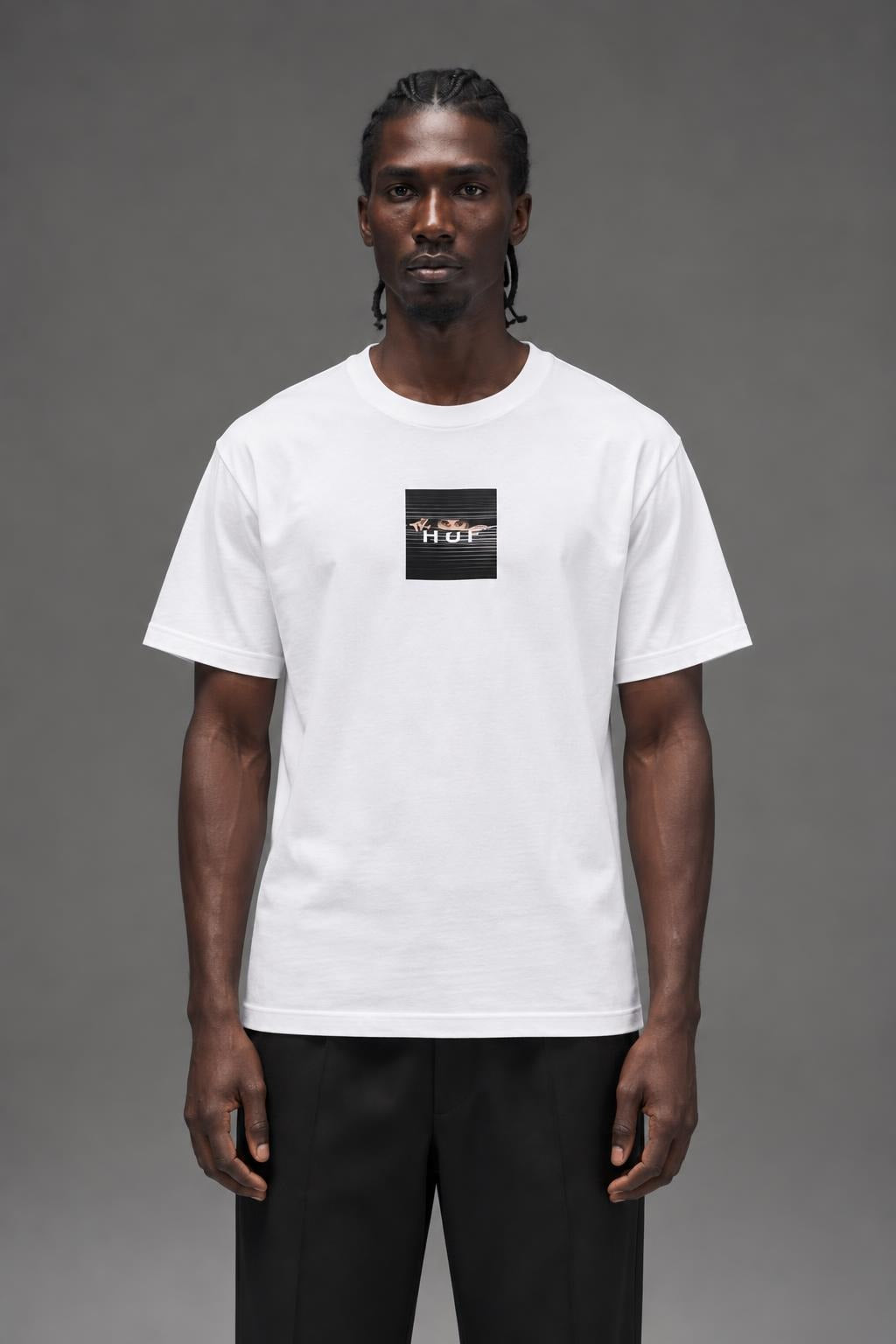 AI model photo - HUF Voyeur Logo Short Sleeve T-Shirt White TS01175