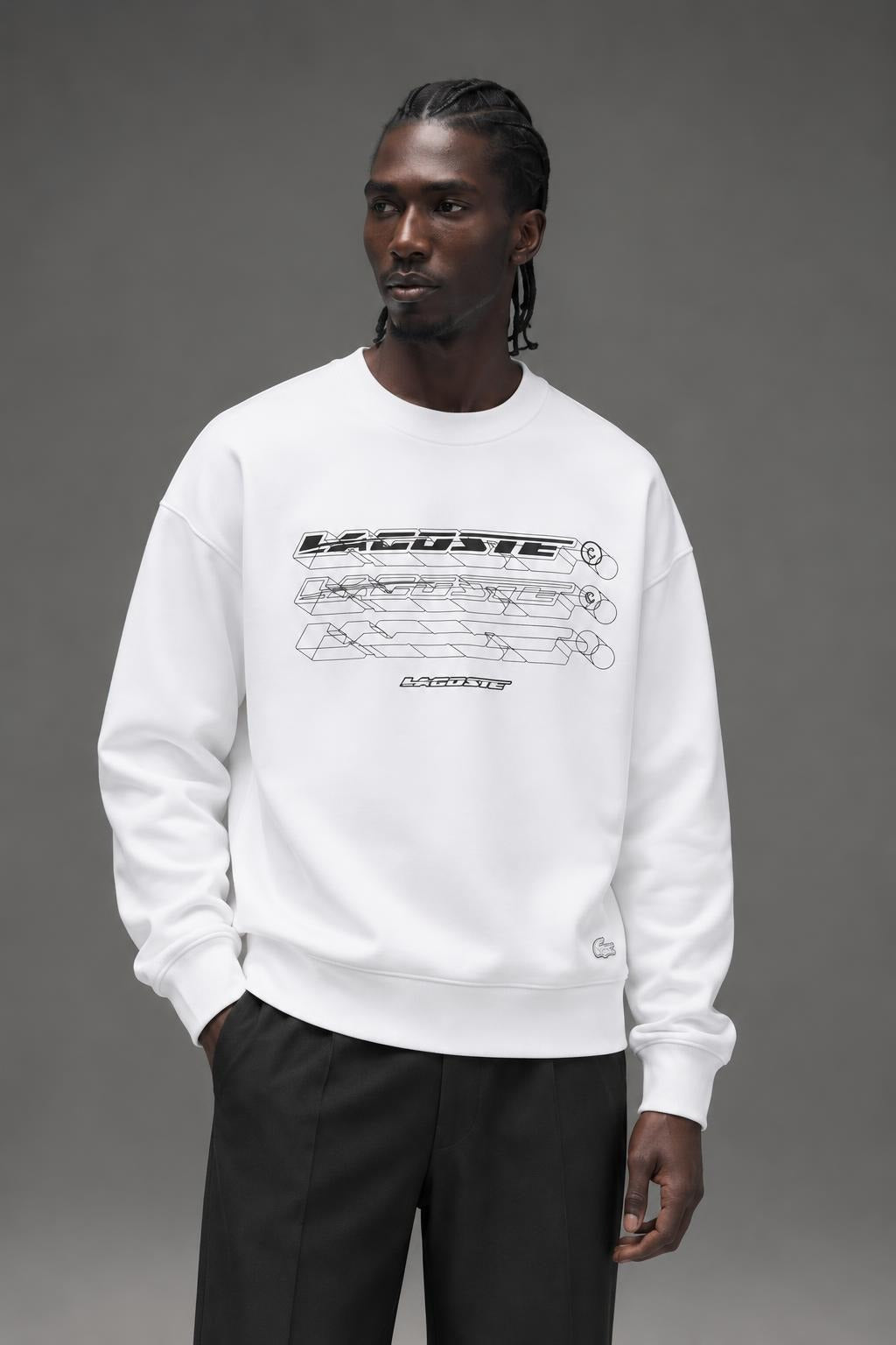 AI model photo - Lacoste Men's Loose Fit Branded Sweatshirt White SH5540 001