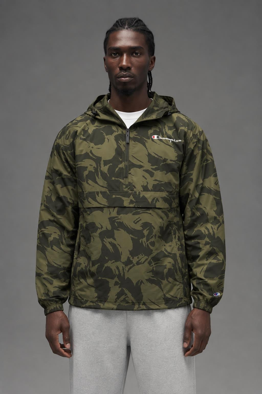 AI model photo - Champion Unisex Packable All Over Print Jacket Brushstroke Camo Cargo Olive/Army V1012P 549369