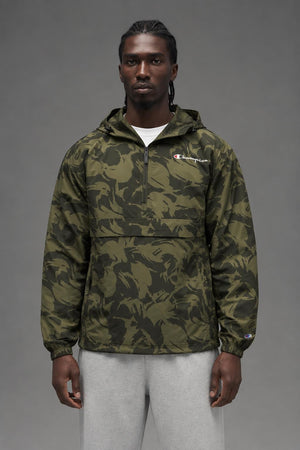 AI model photo - Champion Unisex Packable All Over Print Jacket Brushstroke Camo Cargo Olive/Army V1012P 549369