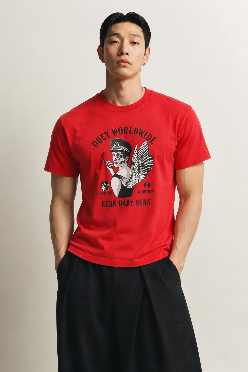 AI model photo - OBEY Burn Baby Burn Sustainable T-Shirt Red 267291976