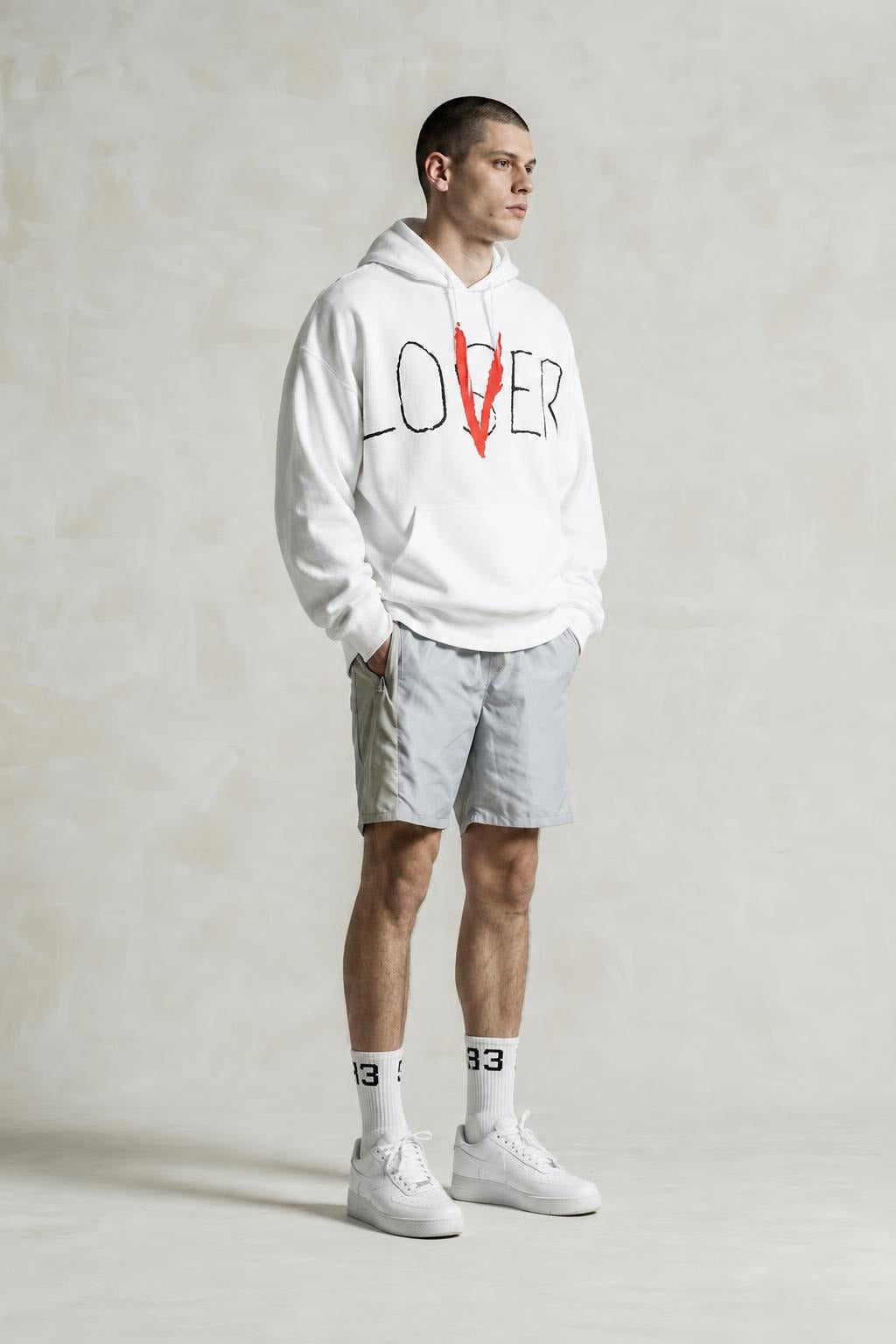 AI model photo - Urban Outfitters Men's Lover Loser Puff Print Hoodie Sweatshirt Wht/Blace 53416590 U1