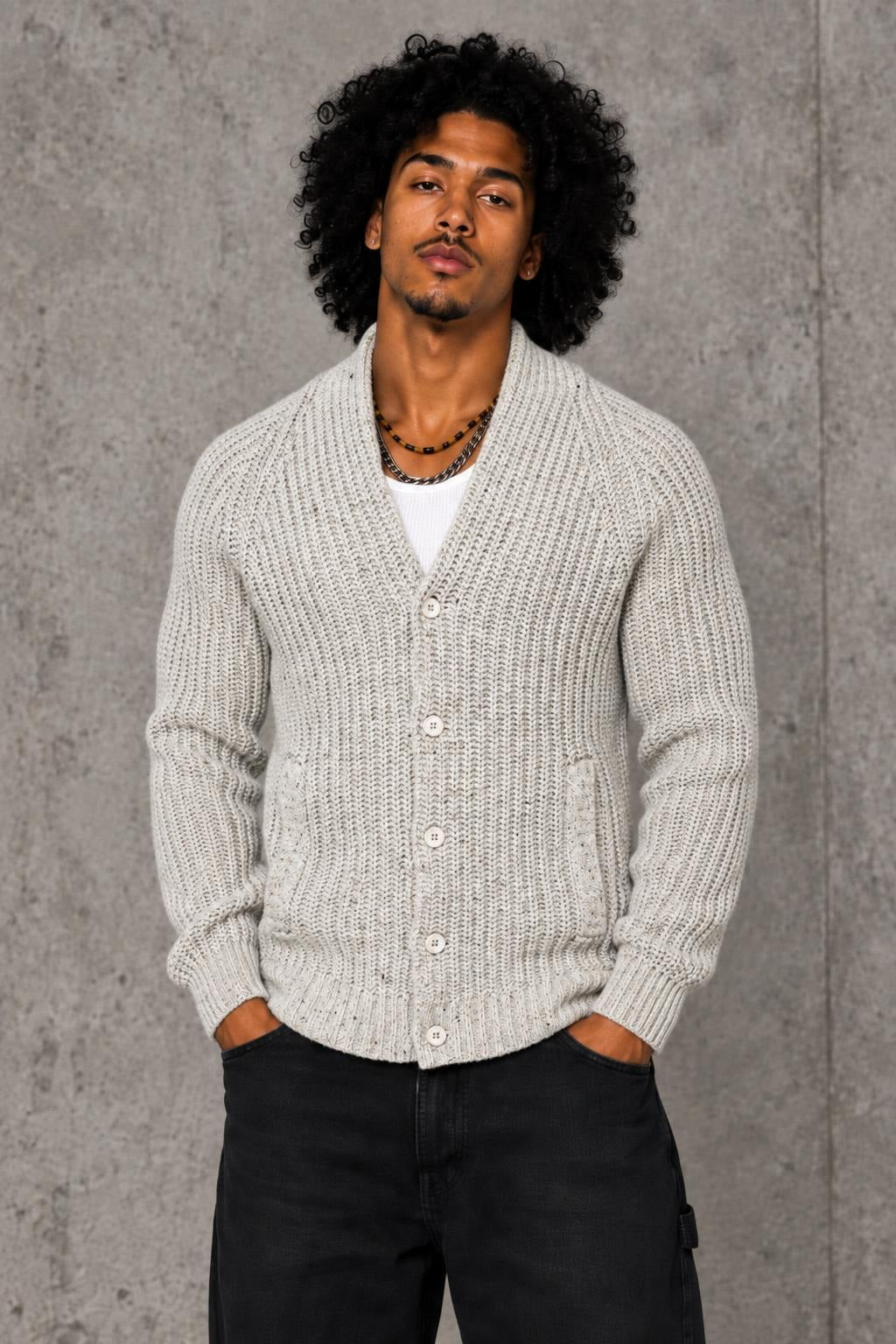 AI model photo - JACHS NEWYORK Ribbed Wool Cardigan Oat Cream J16C-732-OAT