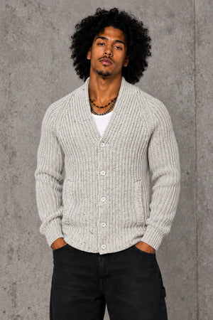 AI model photo - JACHS NEWYORK Ribbed Wool Cardigan Oat Cream J16C-732-OAT