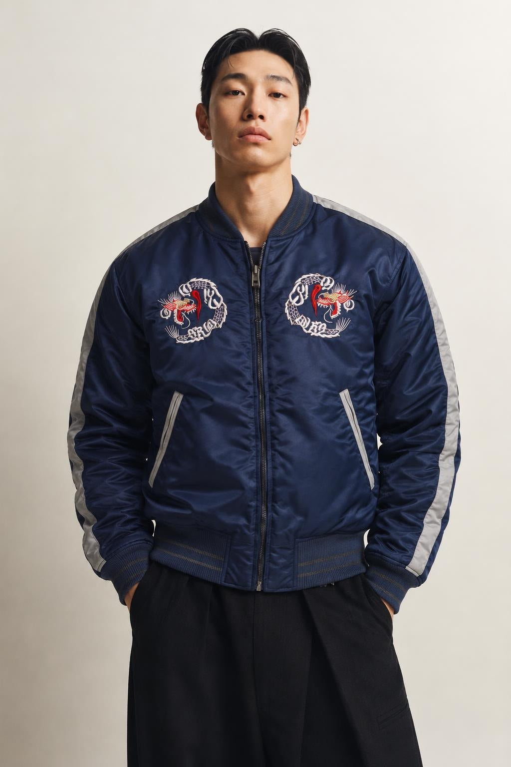 AI model photo - Schott NYC Men's Nylon Tour Jacket Navy 9630