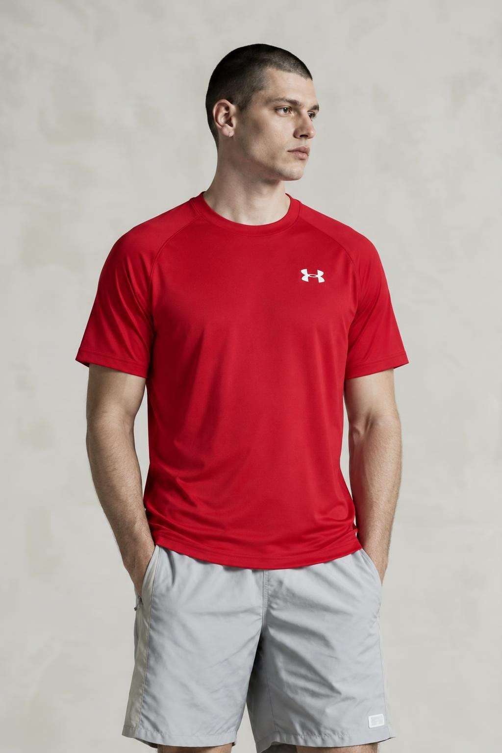 AI model photo - Under Armour Mens Tech Short Sleeve T-Shirt Red/White 1228539-600