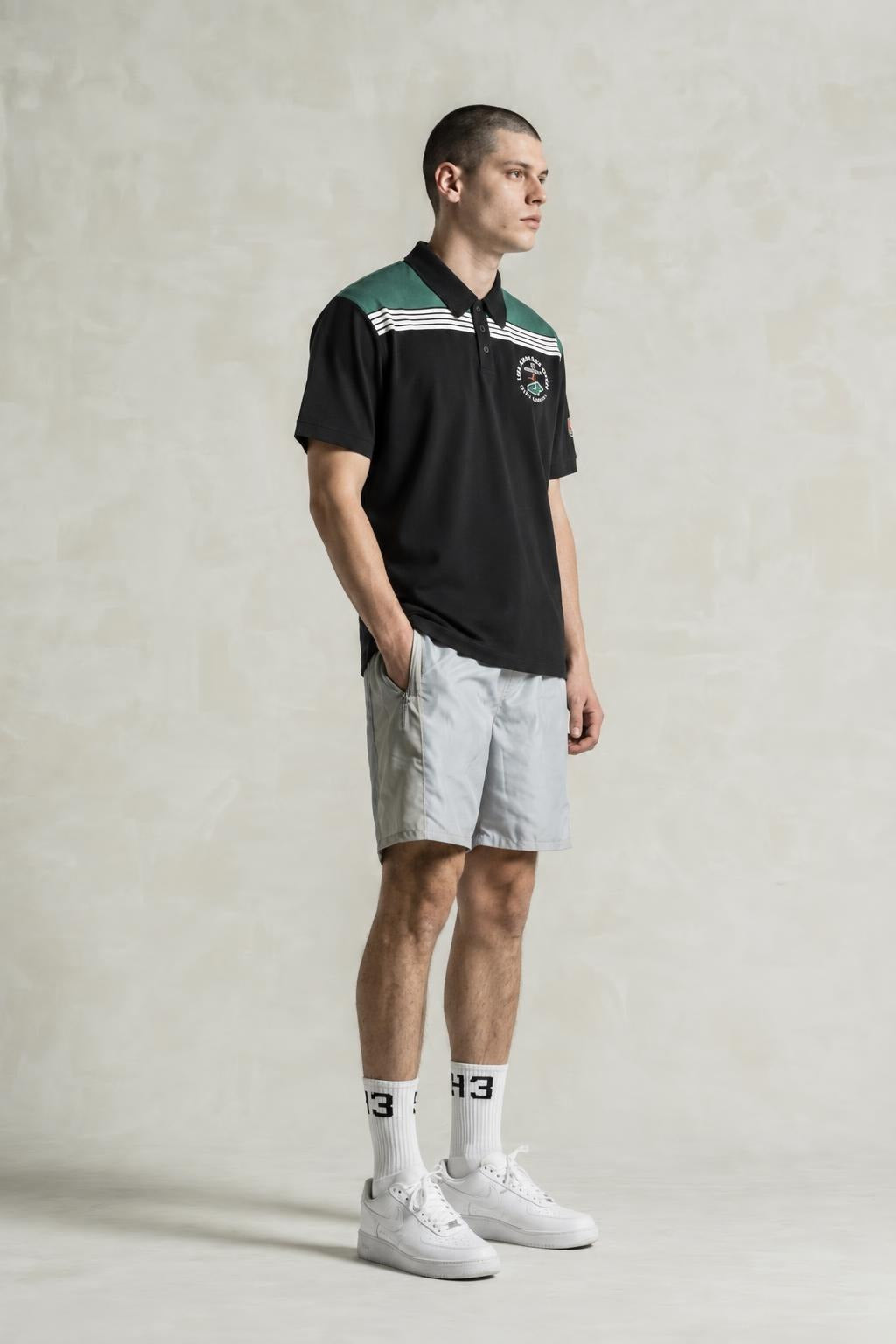 AI model photo - American Needle Red Jacket Men's LA Open Maverick Polo T-Shirts Black 19H009A-LAOPEN