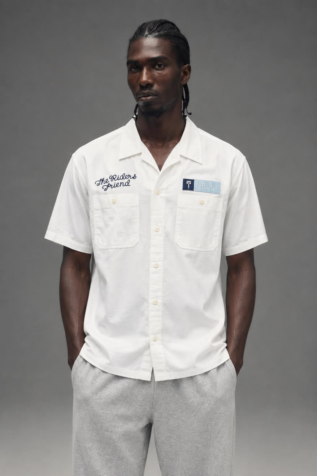 AI model photo - Deus Ex Machina Men's Forecourt Shirt Vintage White DMP255066 VWH