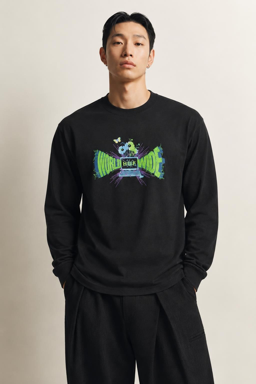 AI model photo - HUF Mens Off-Line L/S Tee Black TS01493