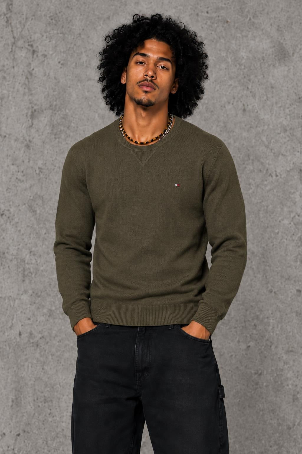 AI model photo - Tommy Hilfiger Men's Signature Solid Crew Neck Sweater Army Green 78J0478 701