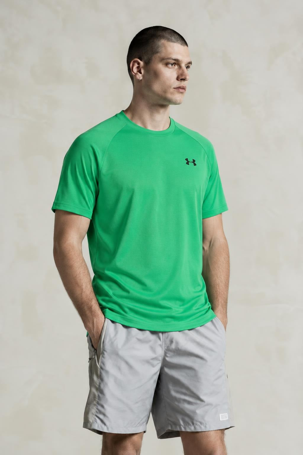 AI model photo - Under Armour Mens Tech Short Sleeve T-Shirt Vapor Green/Stealth Gray 1228539-299