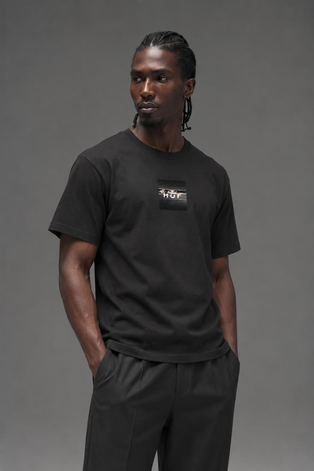AI model photo - HUF Voyeur Logo Short Sleeve T-Shirt Black TS01175