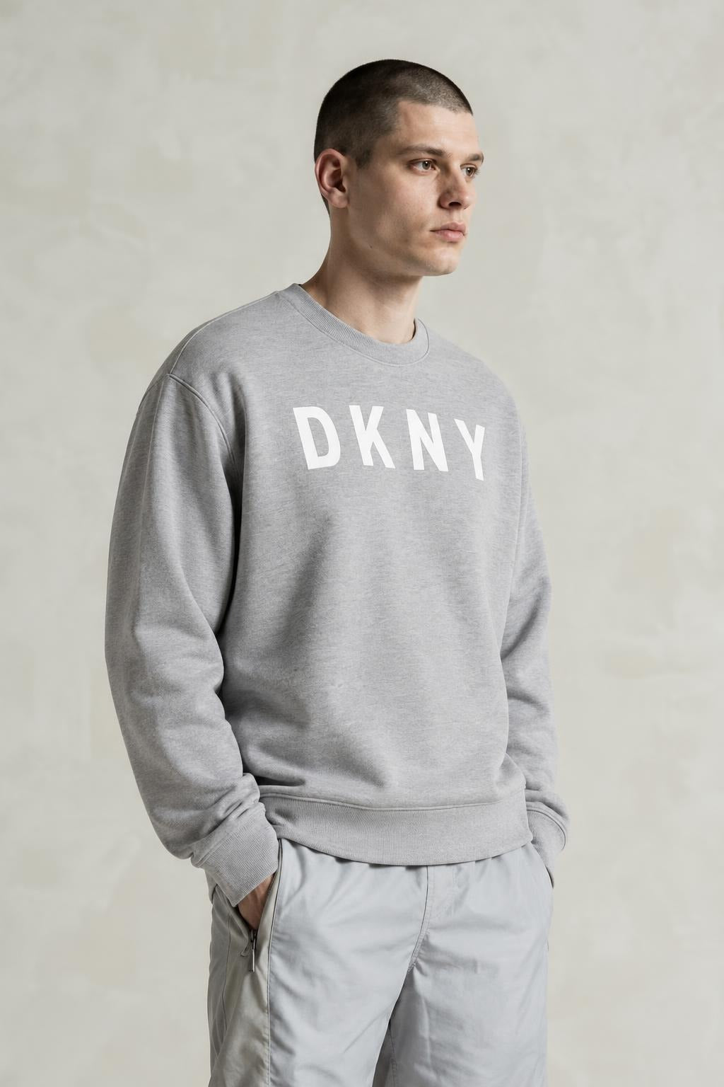 AI model photo - DKNY Men's Matte Logo Pullover Sweatshirt Heather Grey M1960031 K1