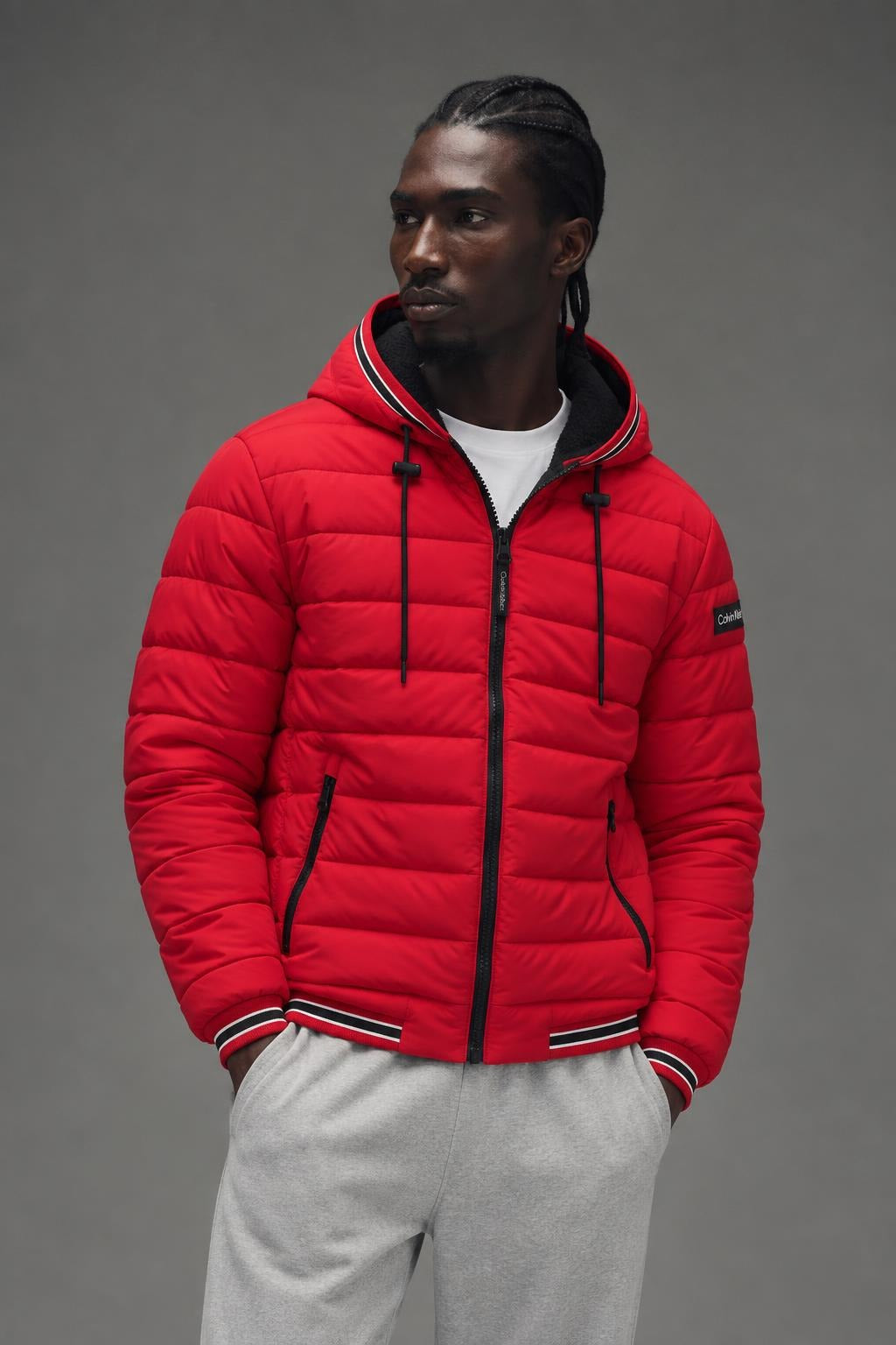 AI model photo - Calvin Klein Men's Super Shine Fleece Lined Puffer Jacket Deep Red CM155956 DRE C4