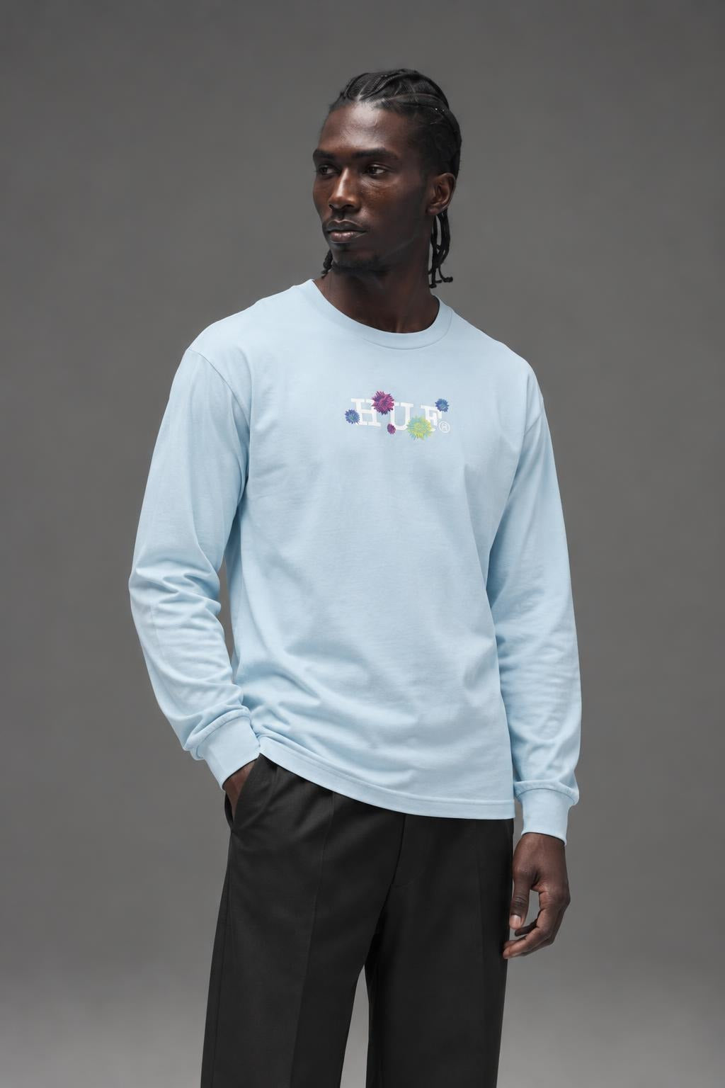 AI model photo - HUF Psycho Daisies Long Sleeve T-Shirt Light Blue TS01158